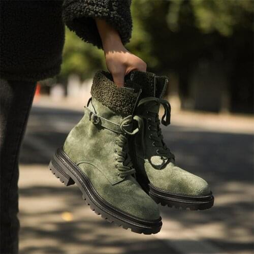 FANAN Womens Ankle Boots Suede Leather Flat Platform Short Booties Ladies Shoes Fashion Snow Combat Boots Women