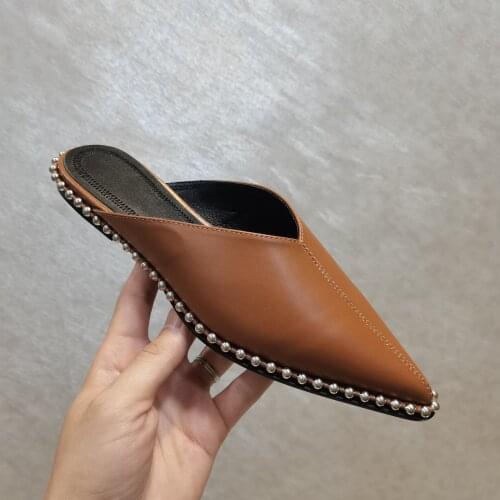 2021 Newest Summer Shoes Woman Genuine Leather Rivet Woman Slippers Mules Slippers Pointed-Toes Woman Slippers Zapatos De Mujer