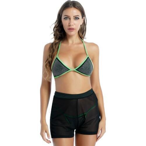 Women Sexy Bikini Shiny Rhinestone Three-piece Swimsuit Swimwear Bathing Suit Lace-up Bikini Set with See-through Mesh Shorts