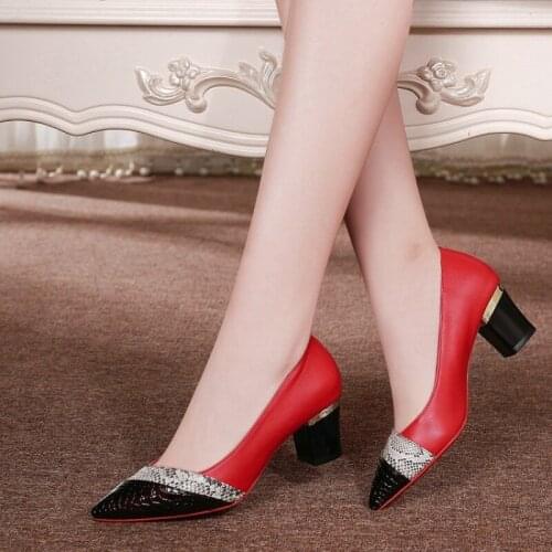 New Womens Square Heel Pointed Toe High Heels Pure Slip-On PU Leather Sexy Pumps Occident Style Classic Zapatos De Mujer