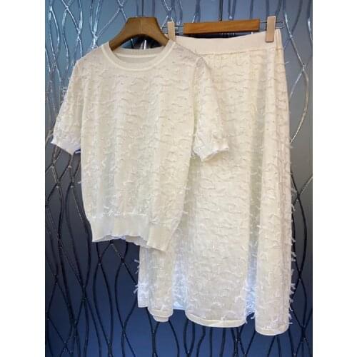 Top Quality New Wool Sweater Sets 2021 Autumn Winter Knitted Set Women Hand Made Beading Pullovers+Knitting Long Maxi Skirt Sets