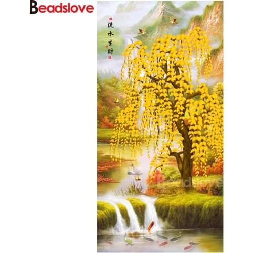 5D DIY Diamond Painting Cross Stitch Chinese Style Autumn Field flower Tree River Full Square Diamond Embroidery sale mosaic