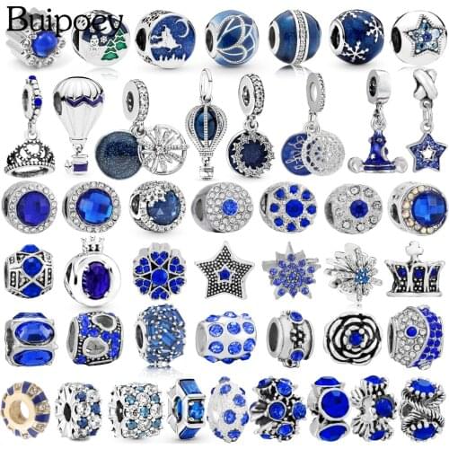 Buipoey 2pcs Blue Star Moon Beads Ice Snow Starry Sky Dangle Charm Crown Pendant Fit Diy Bracelets Necklace Jewelry Making Bead
