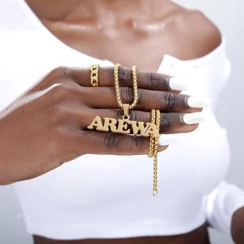 Box Chain Custom Name Necklace Stainless Steel Pendant Gold Long Bead Chain Personalized Nameplate Necklaces Women Men Jewelry