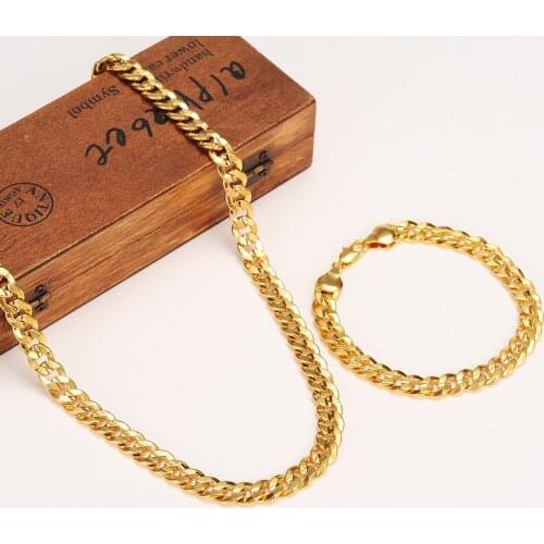 Classics Fashionable Real 24K Gold Color GF Mens Woman Necklace Bracelet Jewelry Sets Solid Curb Chain Abrasion resistant