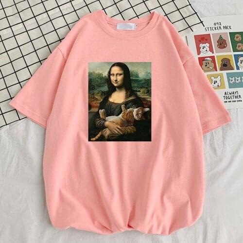 Famous Painting Mona Lisa Hold Cat Prints Men T-Shirts Cool O-Neck Tshirts Graphic 100% Cotton T Shirt Funny Slim Mens Top