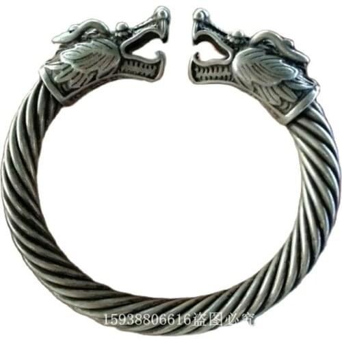 Collection China Tibetan silver Carved Double headed Dragon Silver Bracelet