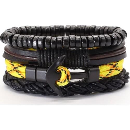 Yellow Alloy Tree Black wood Beads Leather Bracelets 4pcs/set Men Bracelets Women Fashion Jewelry Accessories