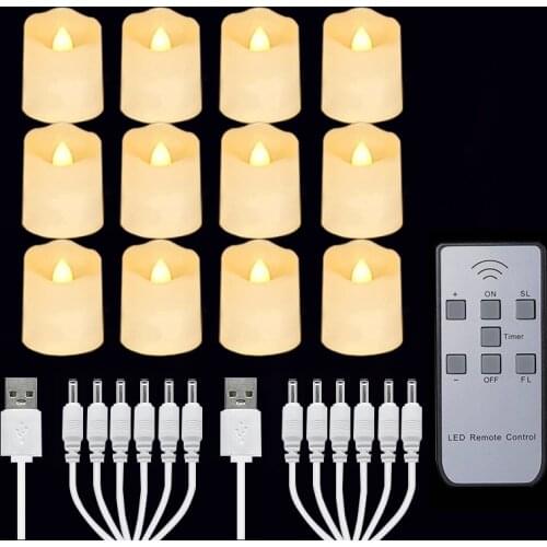 12PCS Rechargeable Candle LED USB Tealight With Timer Remote And 2 Charging Cables Battery Operated Christmas Candles Home Decor
