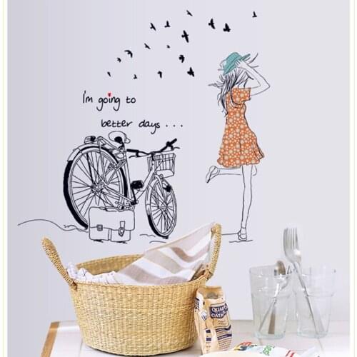 Bicycle Girl Wall Stickers Girls Bedroom Living Room Home Decor Wall Decals Vinyl Dormitory Wallpaper Removable