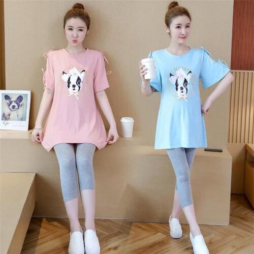 New Maternity Cloth pregnant women Korea Summer cotton dog Print top + belly support Cropped pants Two sets of pregnant women