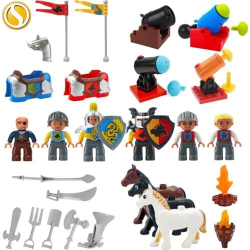 Original Duplo Medieval Knight Castle Big Building Blocks Simulated War Horse Armor Artillery Accessories Toys For Children Gift