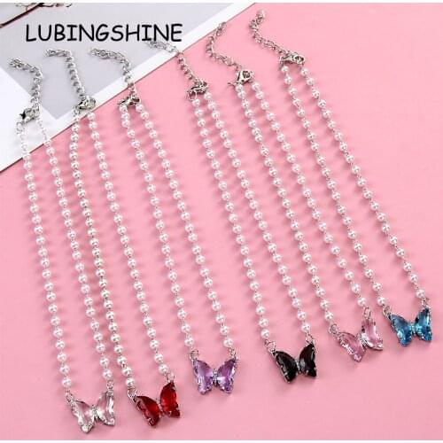 Luxury Pearl Chain Butterfly Pendant Necklace for Women Girls Crystal Zircon Collar Necklace Trendy New Jewelry Gifts