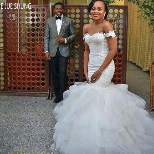 EJUE SHUNG Mermaid Wedding Dresses Off Shoulder Lace Up Back Appliques Ruffles African Corset Wedding Gowns Vestido De Novia