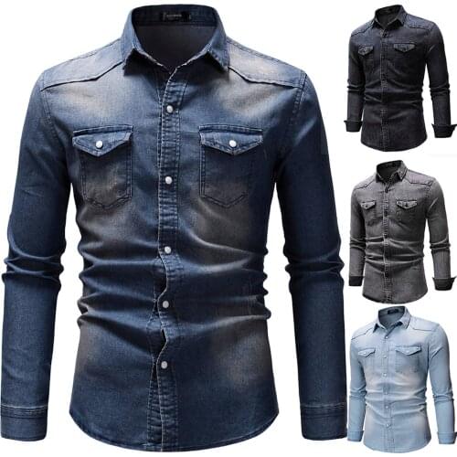 Retro Mens Shirt Autumn&Winter Long Sleeve Pocket Denim Top Blouse 2021 Oversized Streetwear Jean Male Fashion chemise homme