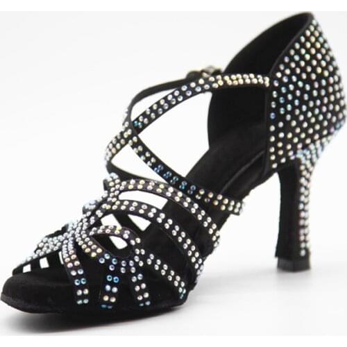 Evkoodance Practice Latin Dance Shoes For Women Black Rhinestones 8.3cm Salsa Latin Shoes Girls Ballroom Latin Shoes