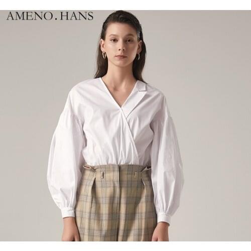 Unique design Asymmertry V neck girls white black shirts tops shirt elegant women blouse