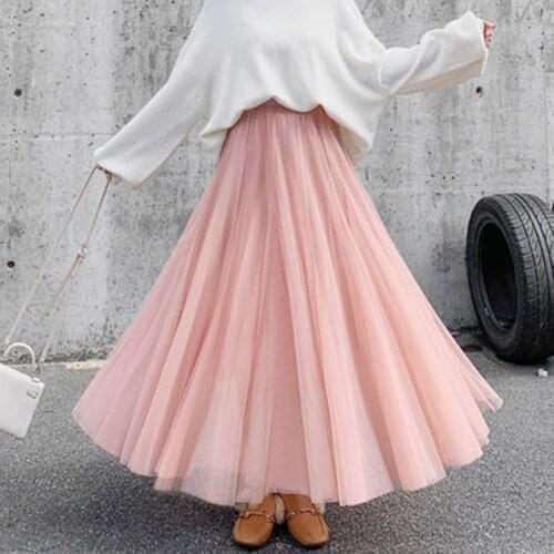 Spring Summer Net Yarn Fairy Skirt Autumn Winter Long High Waist Thin A Word Skirt Large Size Pleated Half-length Skirt A807