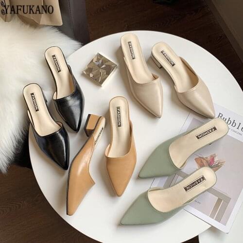 2020 Summer Fashion Women Pointed Toe Slipper Nude White Square Low Heels Outsides Ladies Slides Luxury Brand Beach Mules Shoes