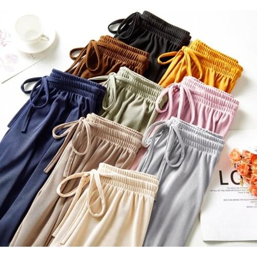 2021 Summer New Women Solid Ice Silk Loose Pants High Waist Casual Straight Trousers Viscose Soft Elastic Pant
