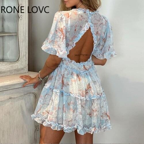 Women Floral Print Frill Hem Backless Casual Dress Mini Dress Women Summer Dress