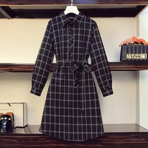 Plus Size Office Ladies Elegant Plaid Shirt Dress 2021 Autumn Fall Long Sleeve High Waist Black Dress With Belt Ladies Clothing