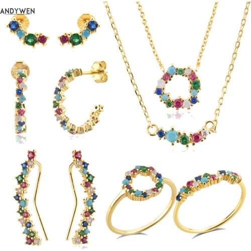 ANDYWEN 925 Sterling Silver Rainbow CZ Spring Angelique Sparkle Tutti Frutti Clips Hoop Stud Earring Ring Collar Jewelry Set