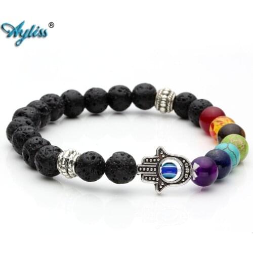 Ayliss 8mm Lava Stone Beads Bracelet 7 Chakra Healing Balance Buddhas-hand Bracelet Feminino Lava Yoga Reiki Prayer Bracelets
