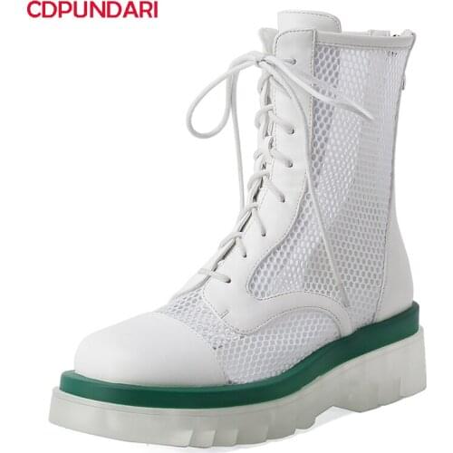 Genuine Leather Patchwork Mesh Summer High Heels Ankle Boots For Women Platform Boots Ladies Short Boots Shoes Bottines Femme