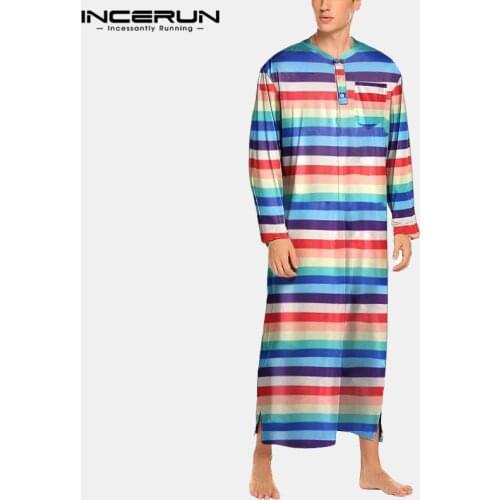 Men Striped Robes Colorful O Neck Soft Long Sleeve Bathrobes Loose Comfortable Leisure Nightgown Men Dressing Gown 5XL INCERUN 7