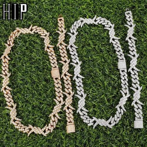Hip Hop 19MM Iced Out Bling CZ Heavy Rock Thorns Box Buckle Cubic Choker Necklaces Bracelet For Men Jewelry With Solid Back