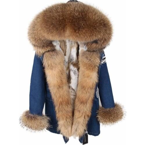 2020 new style oversized fox fur collar fur, detachable rabbit fur liner to keep warm mid-length label denim jacket