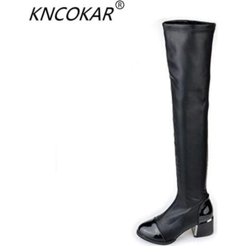 2017 Fashion PU Leather Over Knee Boots Women Sequined Toe Elastic Stretch Thick Heel Thigh High Riding Boots Big Size 40