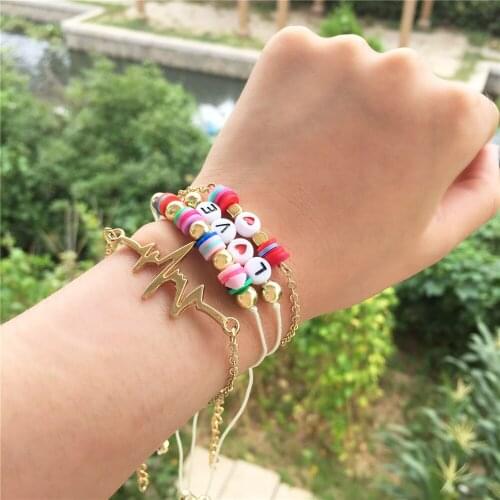 Trendy Gold Color Plating Metallic Ball with Colorful Polymer Clay LOVE Letter Charm Pulse 4 Layer Bracelet Set For Women Girl