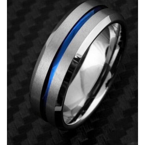 High Quality Mens Fashion Silver Color Stainless Steel Inlaid Blue Grooved Stripe Beveled Ring For Men Engagement Wedding Band