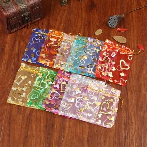 Wholesale 100pcs/lot Hearts Print Organza Bag 11x16cm Wedding Favor Candy Jewelry Packaging Bags Drawstring Gift Bag Pouches