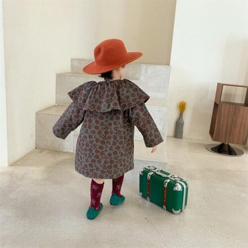 2021 Autumn and Winter Childrens Clothing Girls' Baby Vintage Floral Lapel Trench Coat Childrens Padded Coat