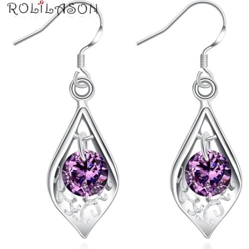 ROLILASON spherical Set of purple Crystal silver color romantic fashion Jewelry Drop earrings for women JE1132