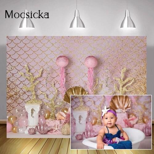Pink Newborn Baby Mermaid Portrait Backdrop Photography Sweet Girl Birthday Cake Smash Background Balloons Under the Sea Props