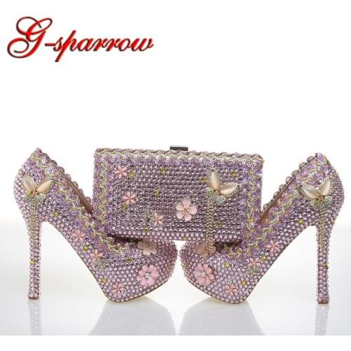 2018 Pink Crystal Wedding Bride High Heel Shoes Bowtie Woman Fomal Dress Shoes with Matching Bag Customized 10cm 12cm 14cm Pumps
