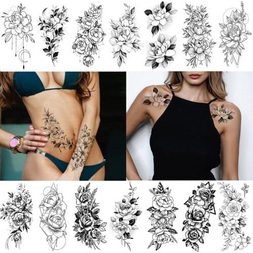 2021 Temporary Tattoo for Women Sketch Flower Tattoo Stickers Black and White Rose Flower Full Body Waterproof Tattoo Stickers