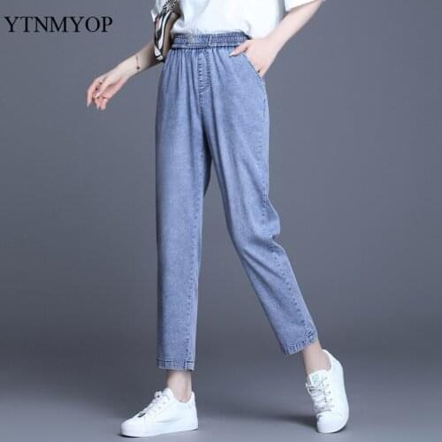 YTNMYOP Fashion Blue Jeans For Women Slim Elastic Waist Harm Pants Ankle-Length Denim Plus Size L-4XL