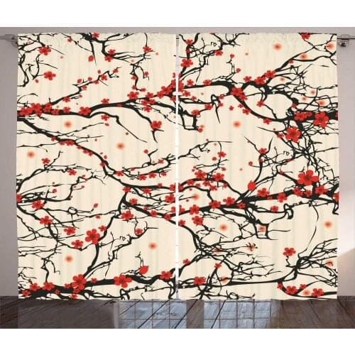 Red Cherry Blossom Flowers Window Curtain Bedroom Kitchen Curtain Panel Christmas Home Decor Curtains for Living Room
