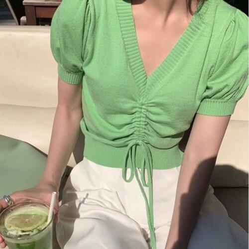Female T-shirt Women Tops Girls Vintage Tshirt Knitted Crop Top Sexy Ruched Women Sexy Tops Puff Sleeve Tees Lingerie green