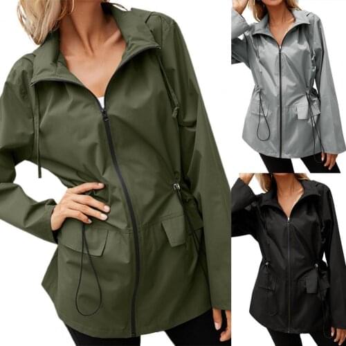 2021 New Mountaineering Jacket Hooded Zipper Women Long Sleeve Drawstring Flap Pockets Raincoat for Hiking