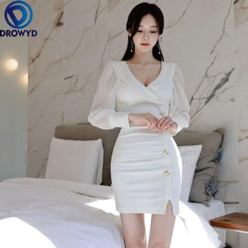 2020 Summer V-Neck Puff Chiffon Sleeve High Waisted Single Breasted White Dress Womens Bodycon Mini Sexy Nigth Party Vestidos