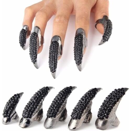 10pcs/set Jewelry Punk Style Crystal Rhinestone Paved Paw Bend Fingertip Finger Claw Ring Set Fake False Nails Set