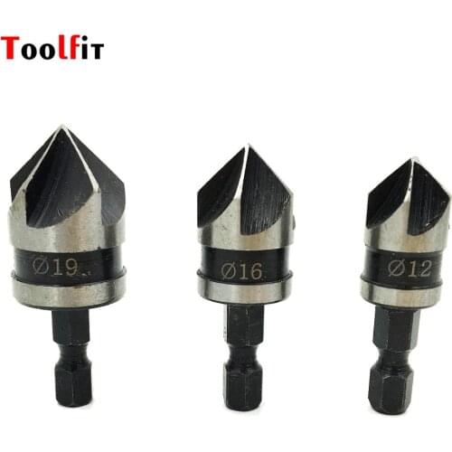 3Pcs/set 90 Degree Countersink Drill Bit 1/4 Hex 5 Flute End Mill Cutter Hand Tool for Wood Metal Drilling 12-19mm