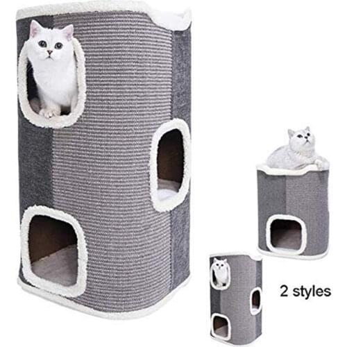 3Layers Pet Cat Scratching Barrel House Cylinder Sisal Cat Scratcher Tower Activity Center with Removable Mattress Top Platform