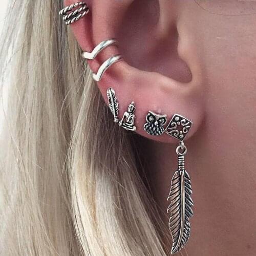 6 PCS Boho Earrings Set Feather Buddha Owl Leaves Ancient Tibetan Silver Color Stud Earrings For Women Vintage Beach Jewelry